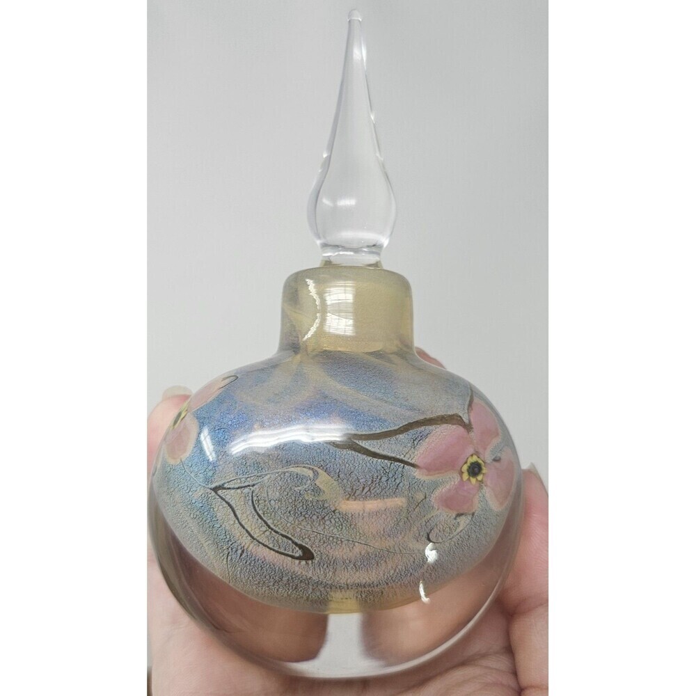 Vintage Vandermark Blue Art Glass Floral Perfume Bottle Signed And Numbered 5.5" - Picture 4 of 12